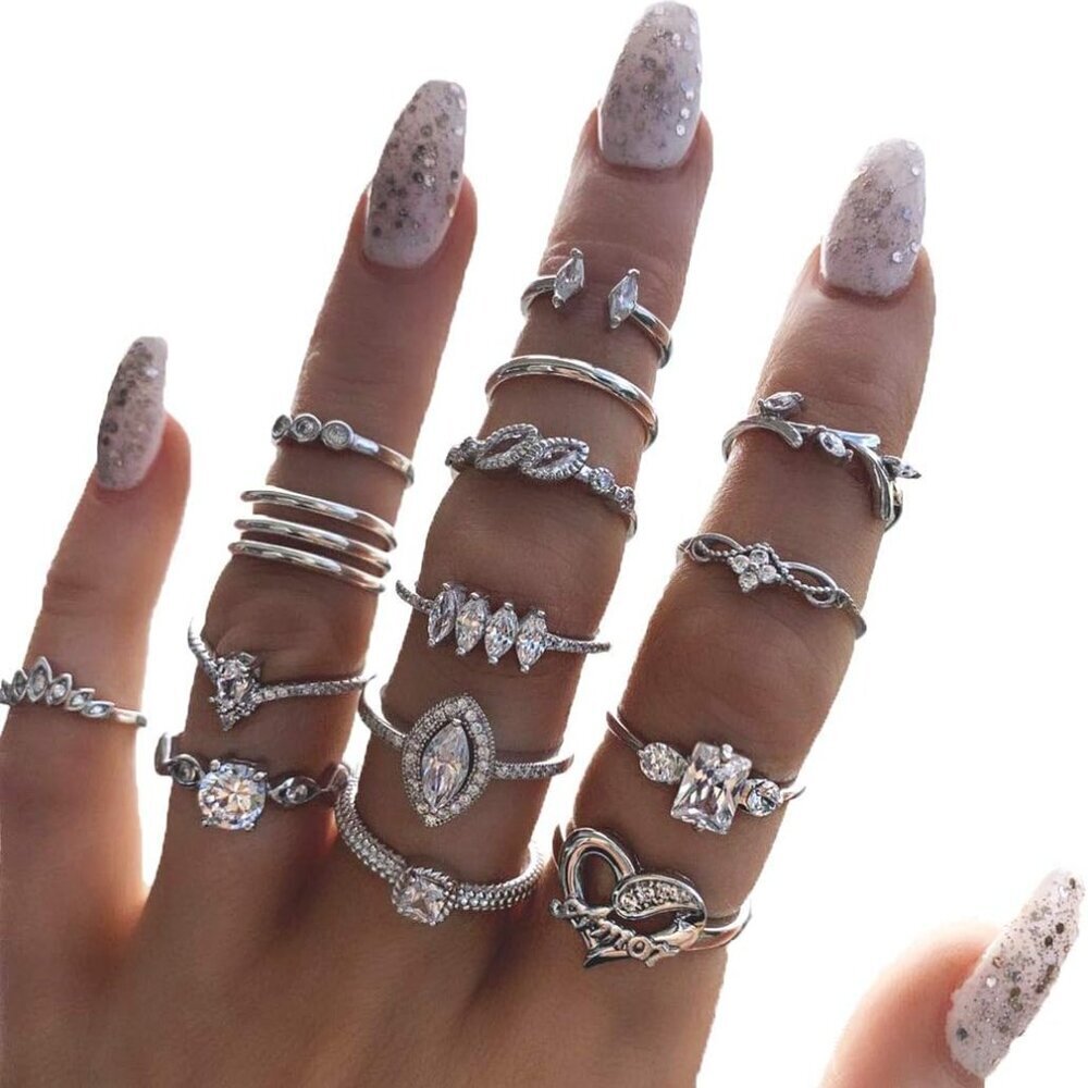 9-15PCS Knuckle Stacking Rings Set for Women Crystal Rhinestone Finger Statement